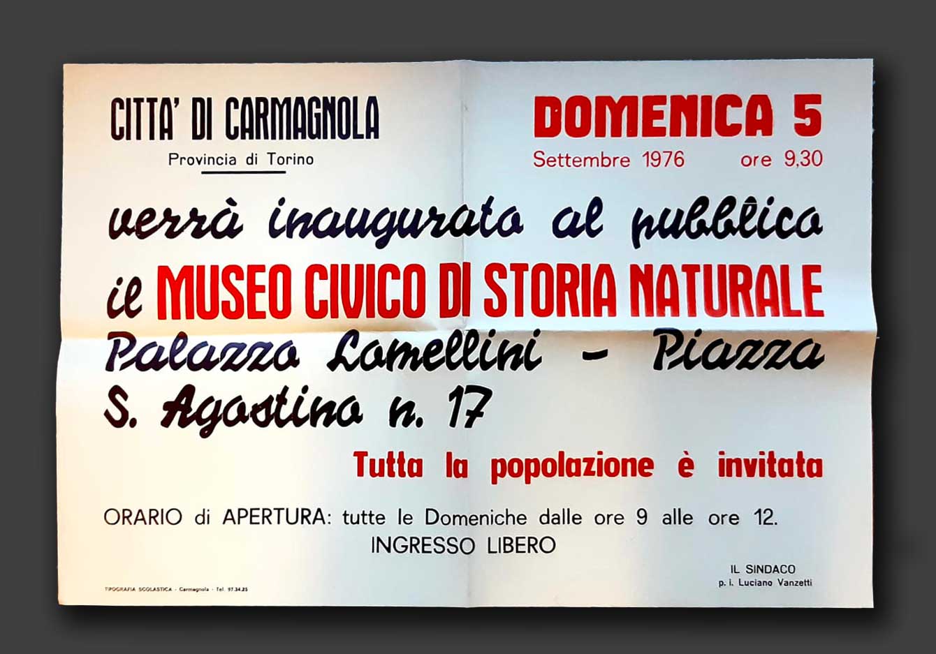 Locandina dell'inaugurazione del Museo Civico di Storia Naturale (1976)